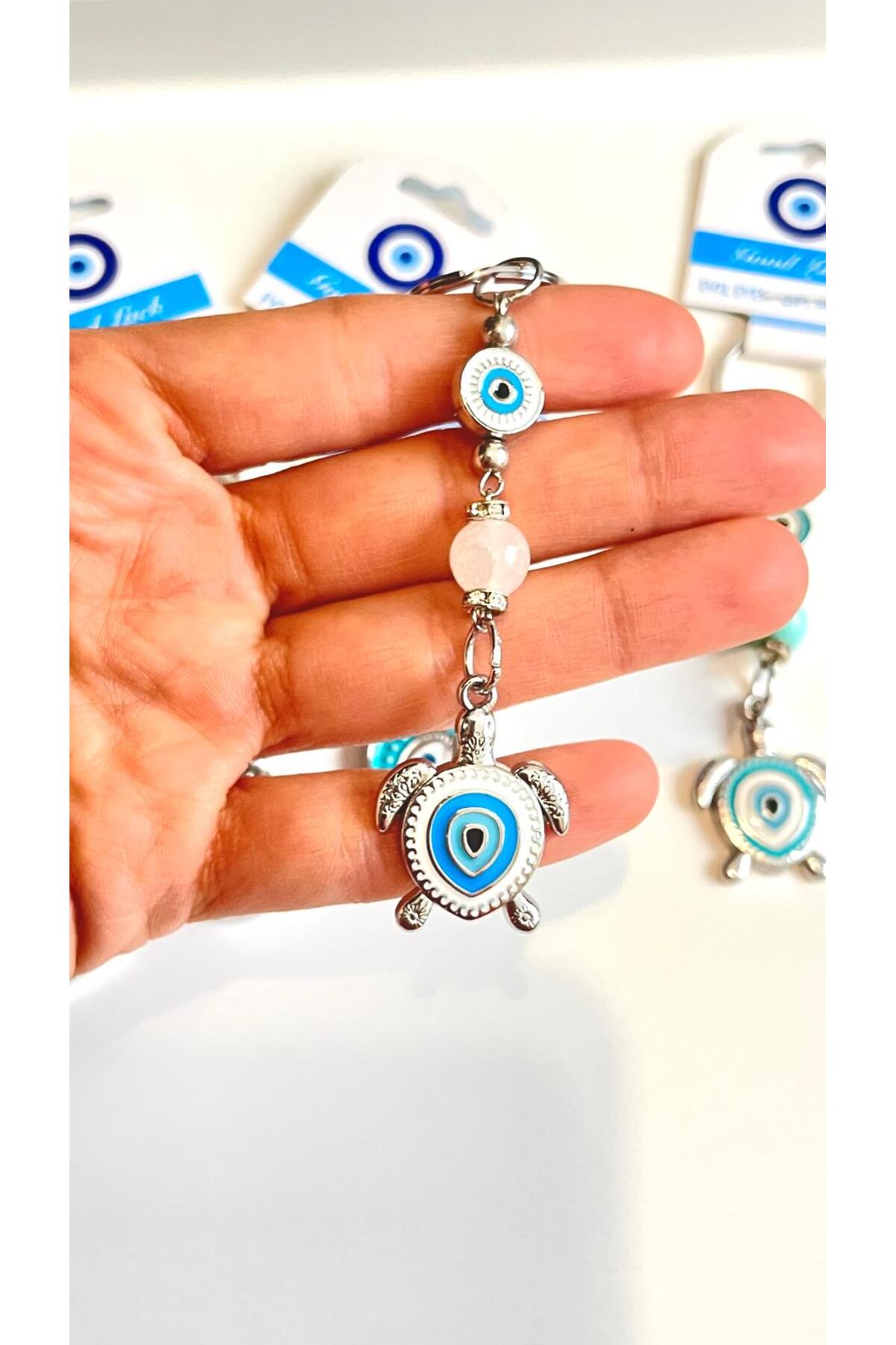 Abigail Silver-Plated Evil Eye Keychain - White Metal Turtle