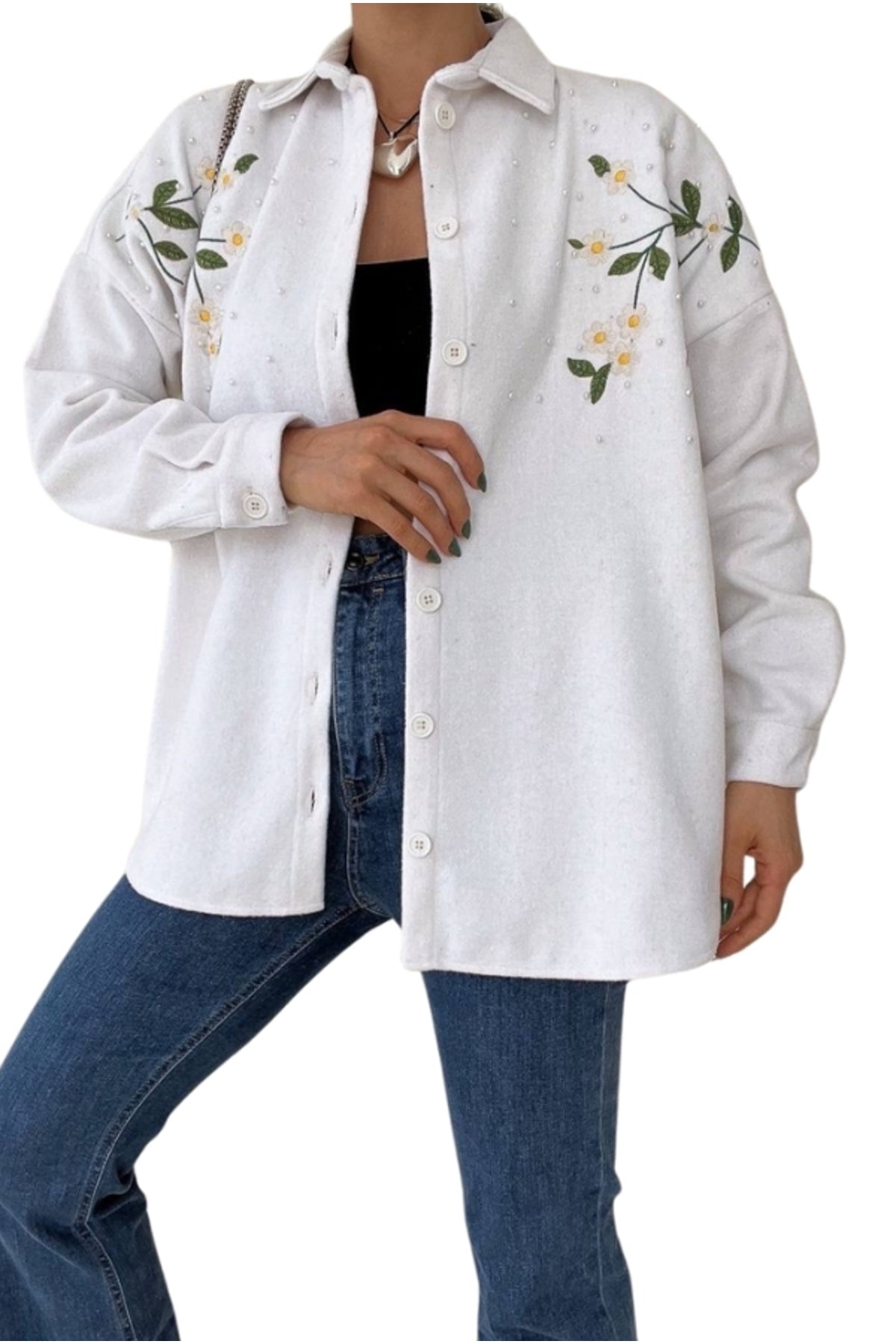 Lydia Women's Wool Daisy Embroidered Shacket - White