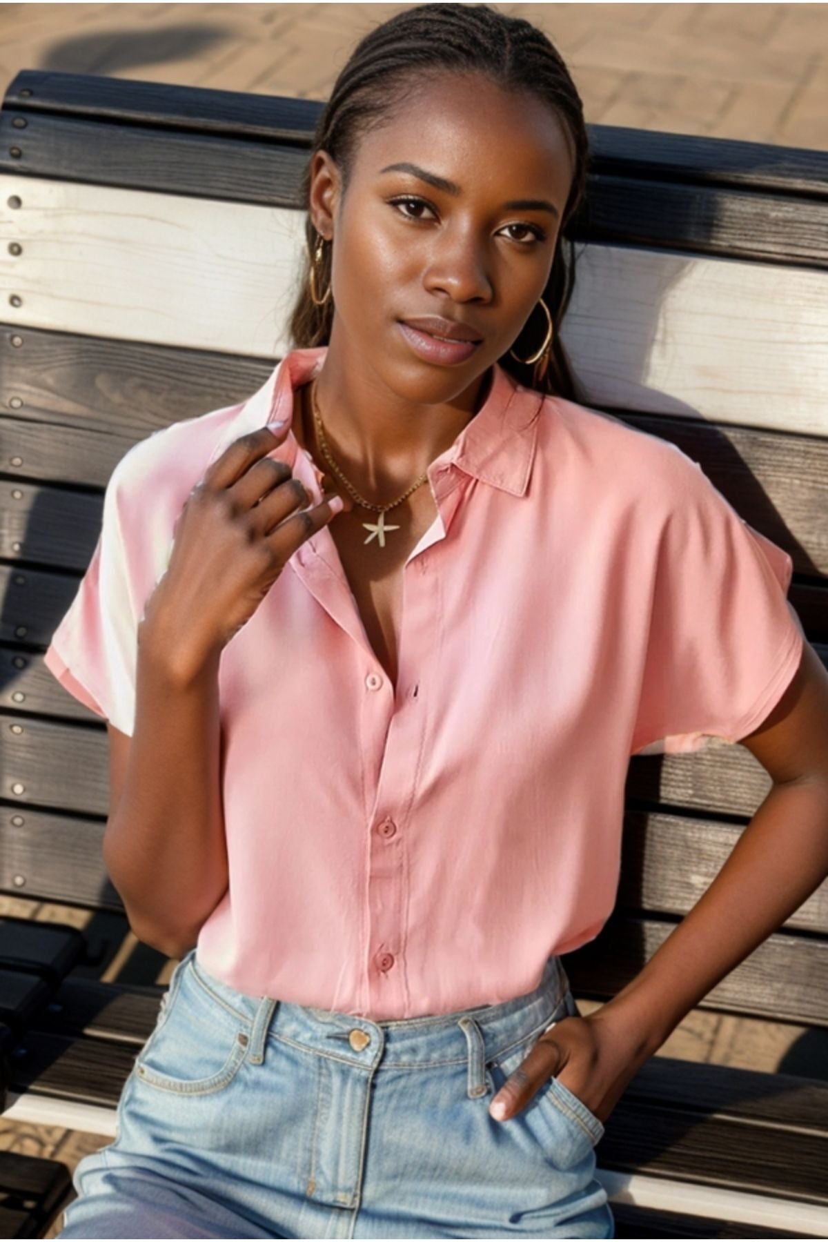 Esme Women's Viscose Short Sleeve Batwing Shirt - Light Pink