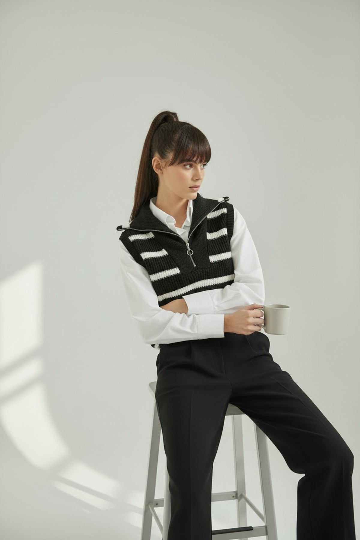 Beatrice Women's Striped Zip-Neck Sweater Vest - Black and White