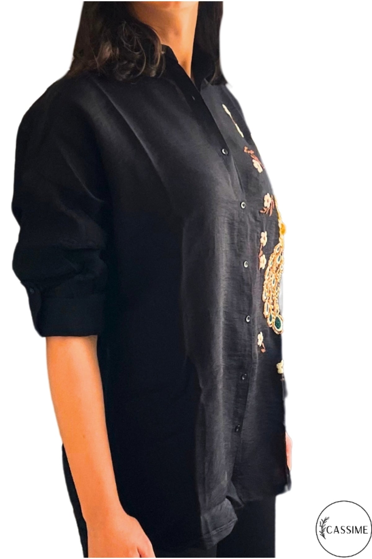 Emily Women's Peacock Sequin Oversized Shirt - Black Peacock