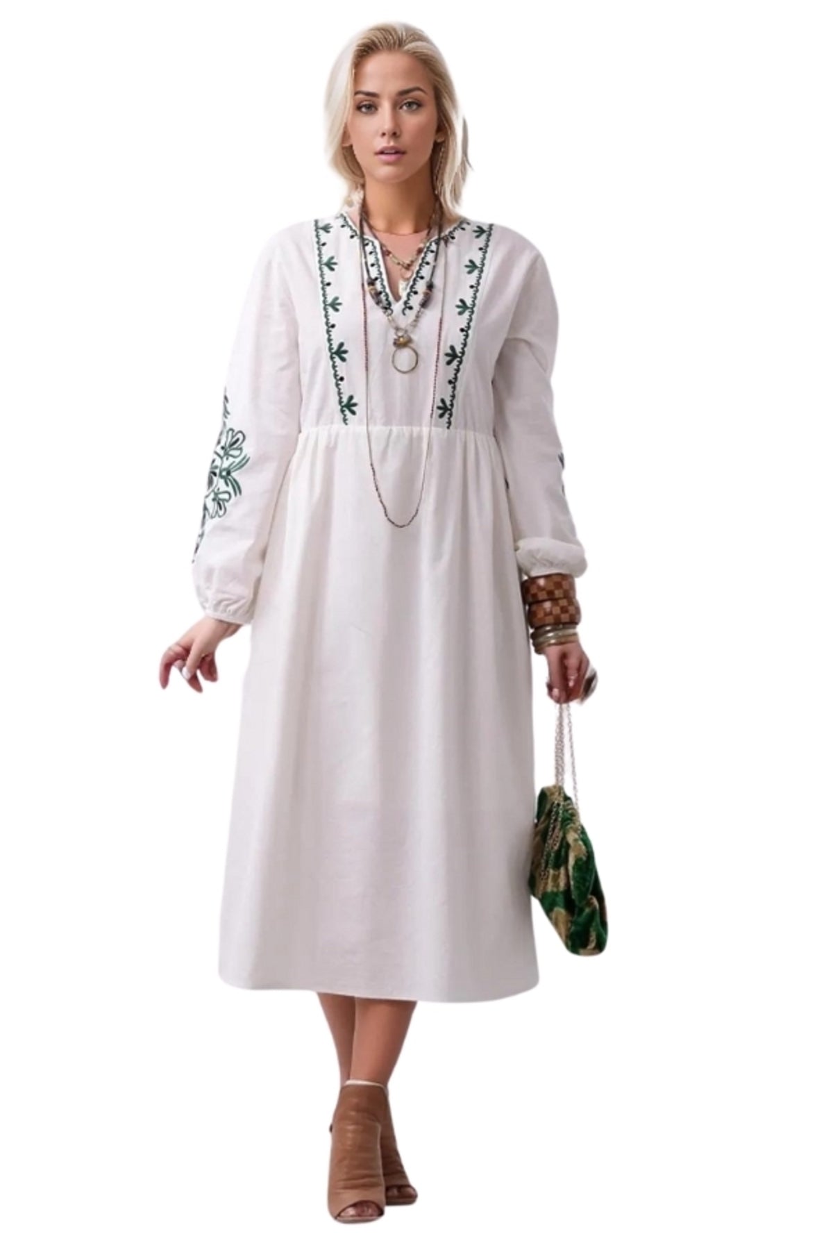 Maria Women's Embroidered Boho Split-Neck Dress - White with Green Embroidery