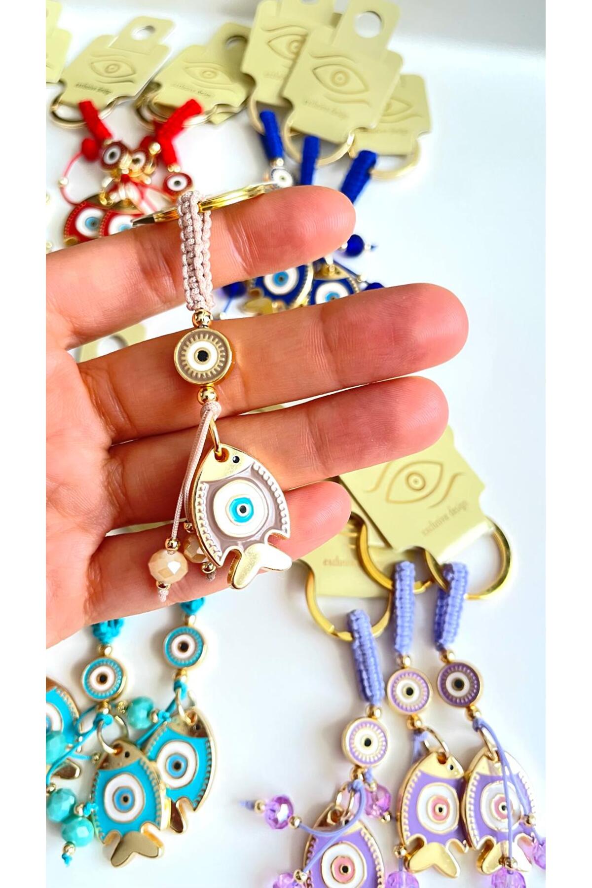 Ivy Gold-Plated Evil Eye Keychain - Beige Fish Design