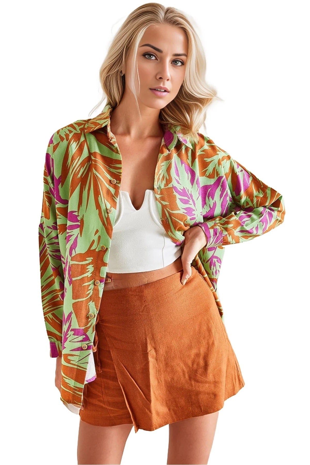Emilia Women's Linen-Viscose Blend Oversized Printed Shirt - Green and Fuchsia Print