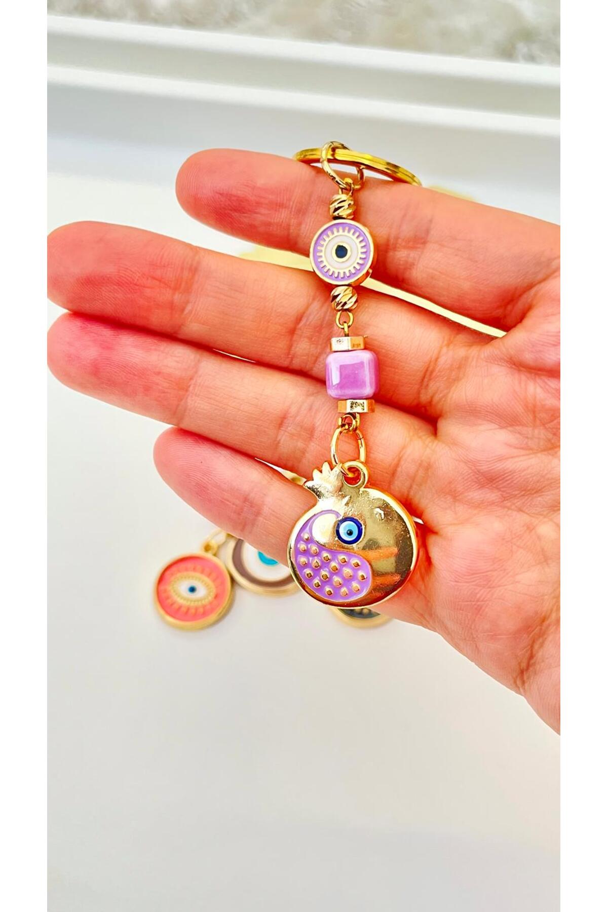 Hannah Gold-Plated Bodrum Bead Keychain - Purple Pomegranate