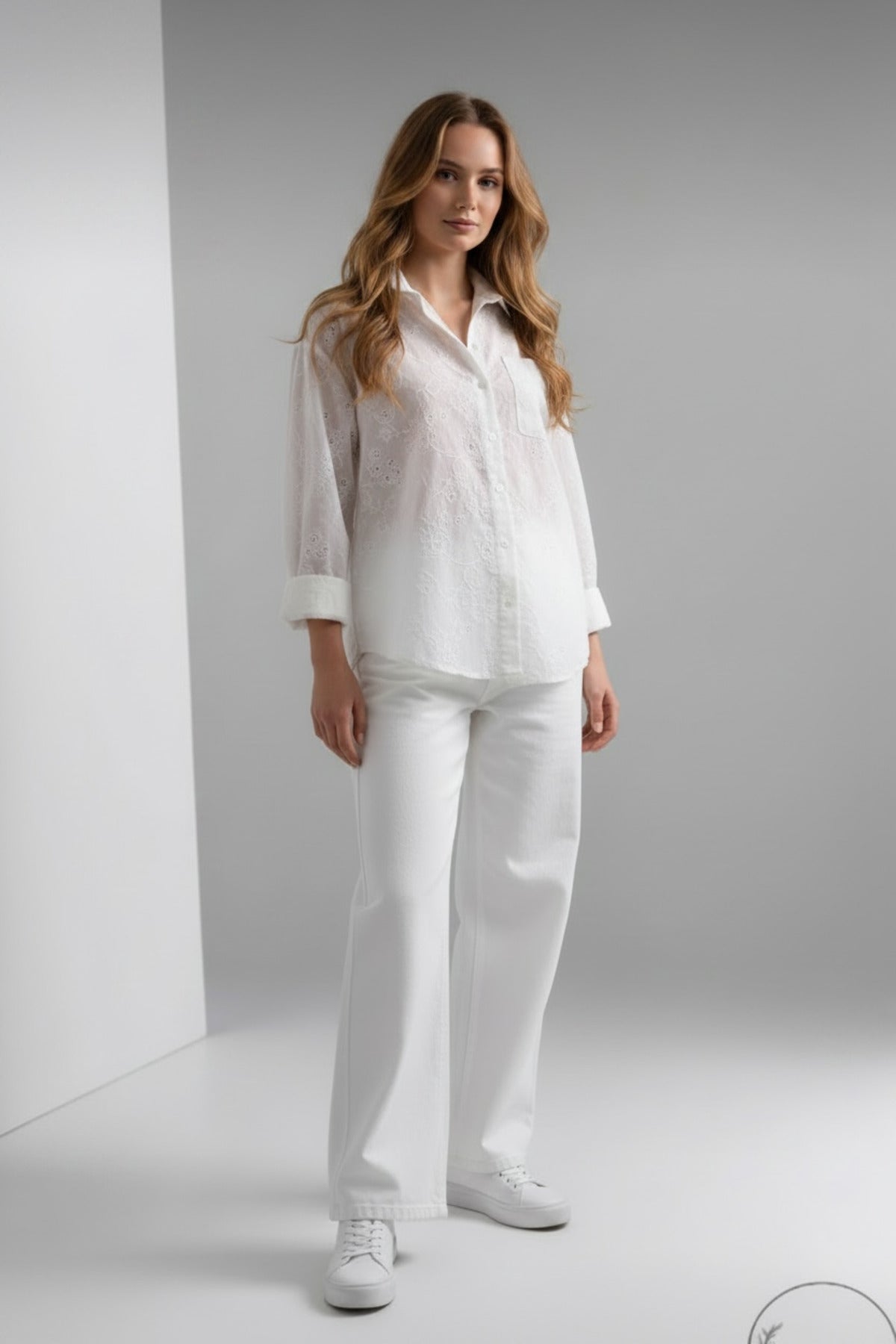Florence Women's Cotton Floral Embroidered Pocket Shirt - White Floral