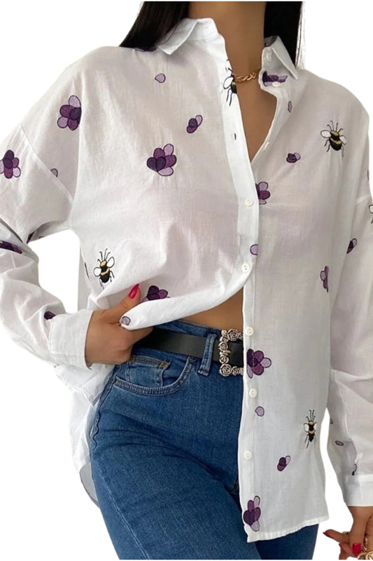Camille Women's Cotton Bird Embroidered Shirt - Purple Floral Embroidery