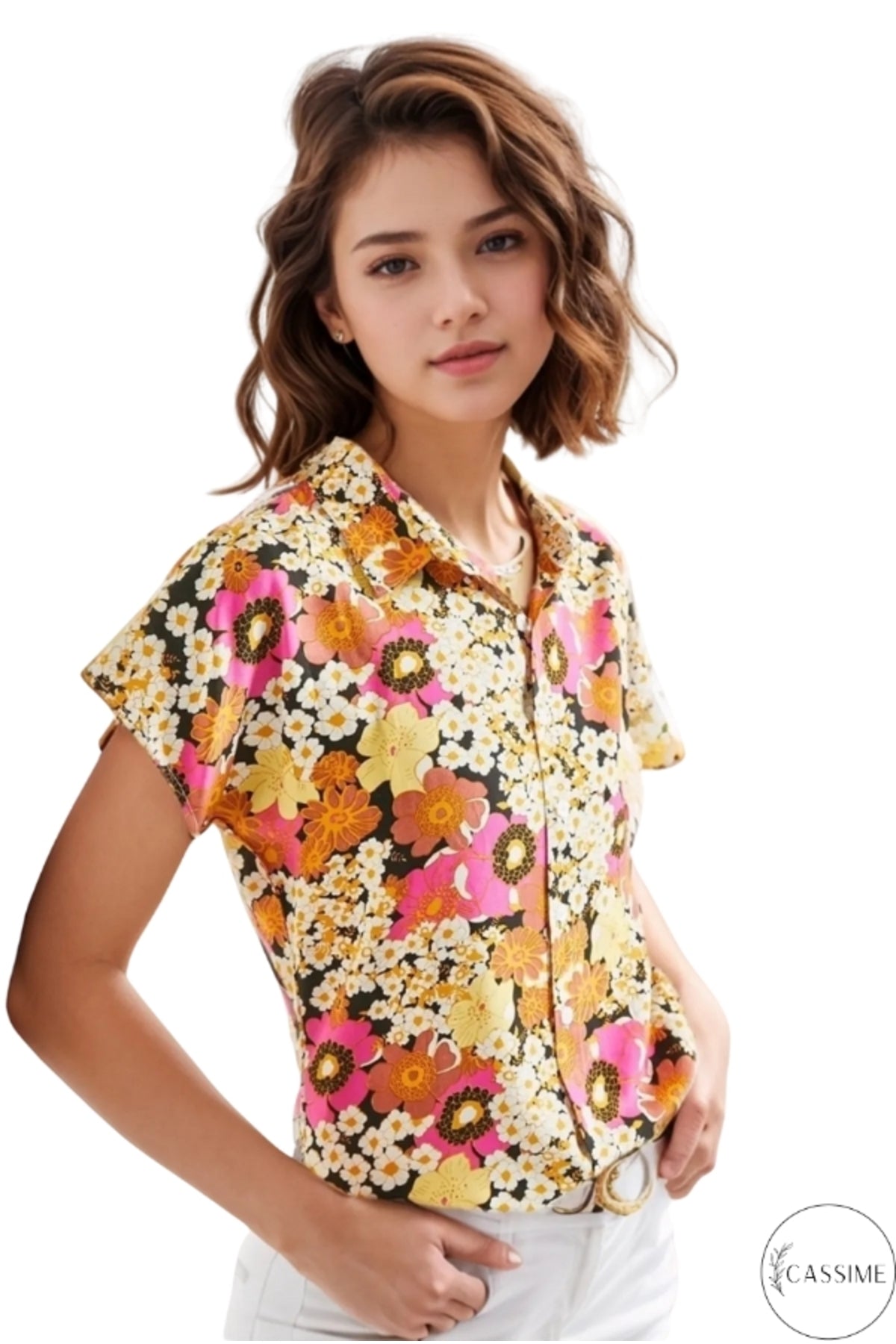 Charlotte Women's Short Sleeve Batwing Shirt - Pink and Orange Daisy Print