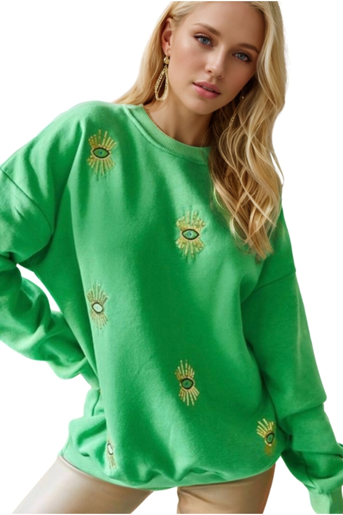 Ava Women's Cotton Embellished Evil Eye Sweatshirt - Green Multi Evil Eye Design