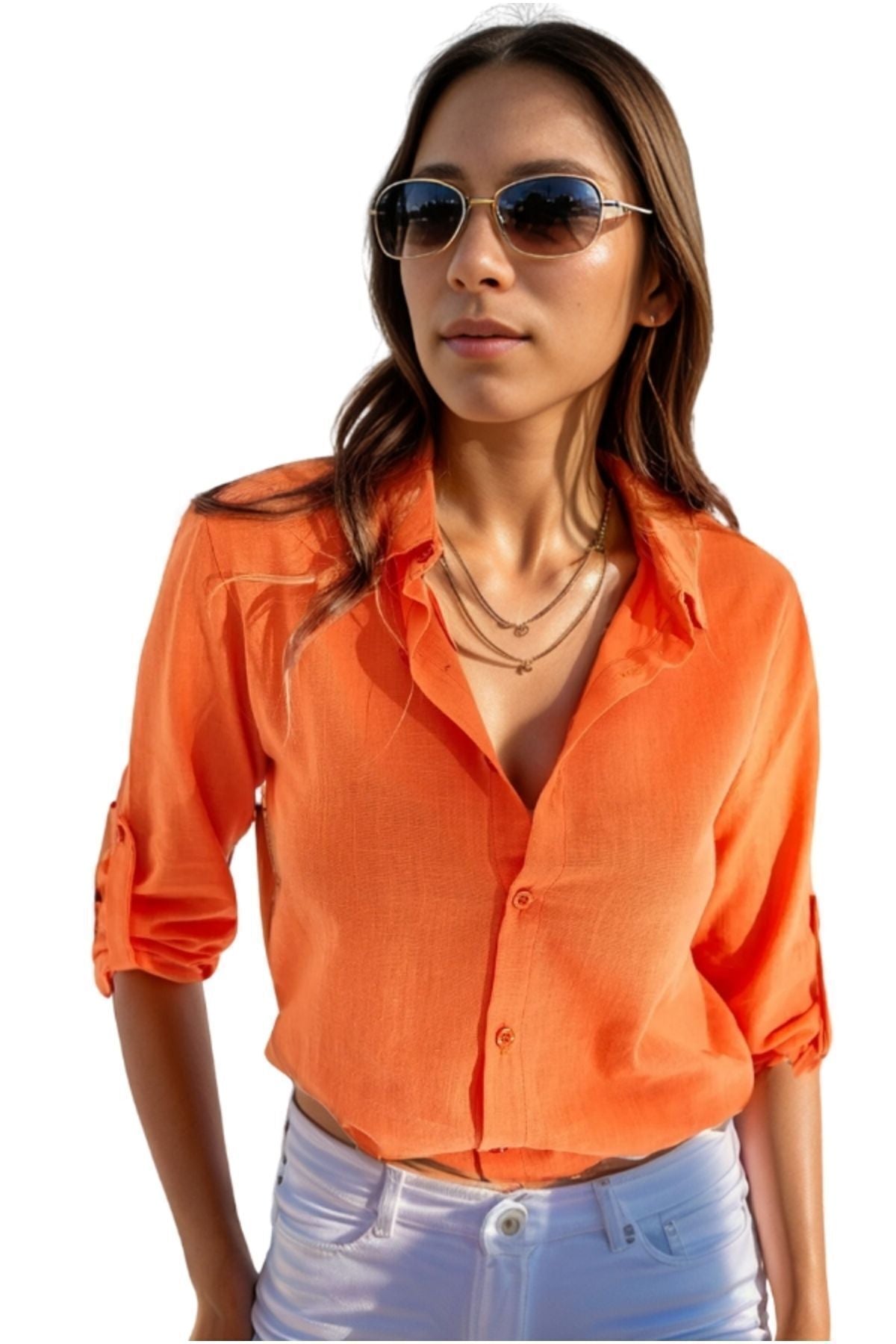 Robyn Women's Cotton Blend Roll-Sleeve Button-Up Shirt - Orange