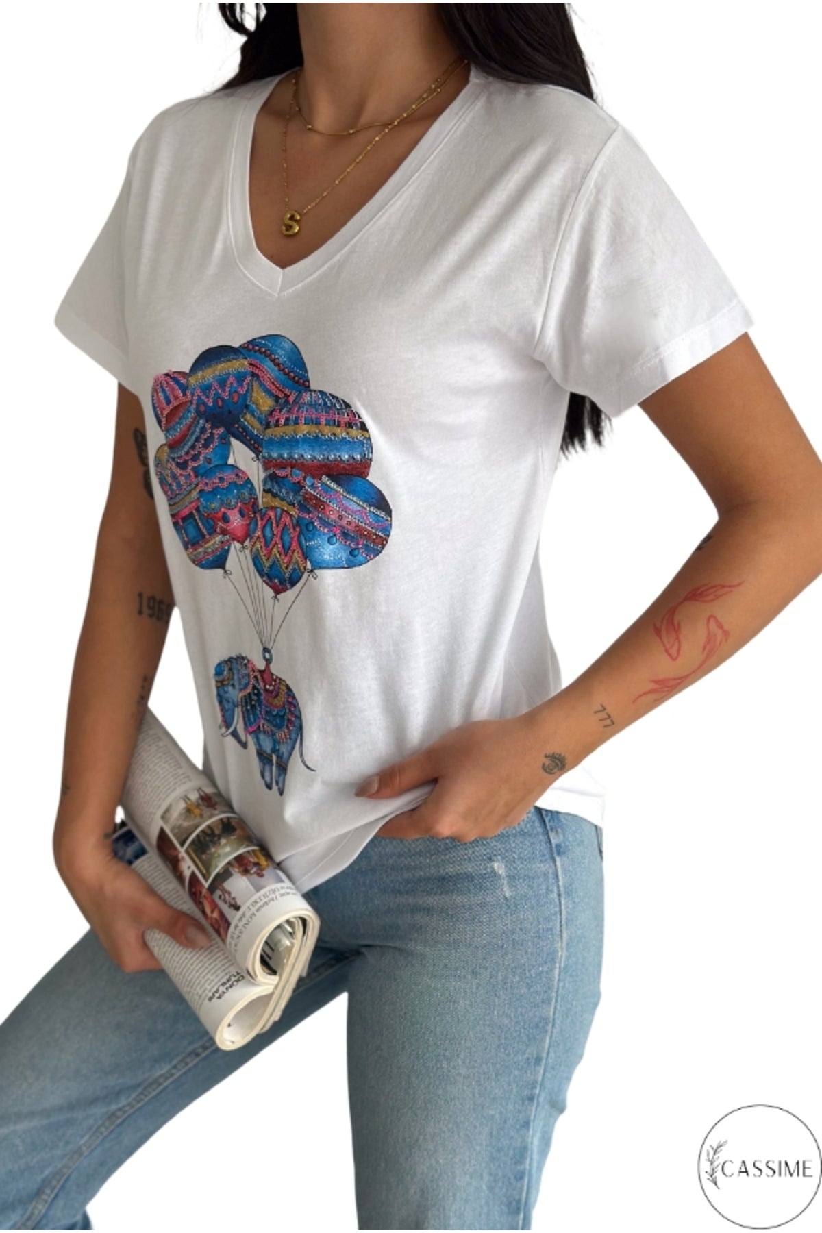 Olivia Women's Cotton Plus Size Embellished V-Neck T-Shirt - White with Balloon Elephant Sequins