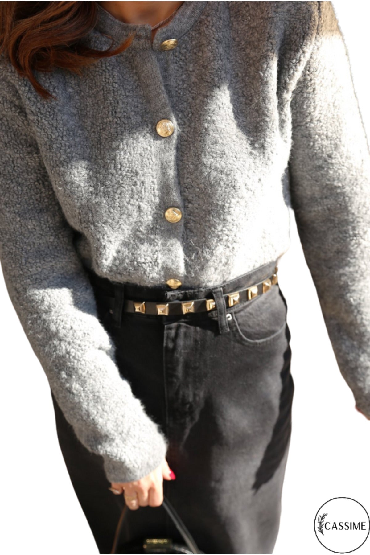 Kayla Women's Gold-Tone Button Teddy Cardigan - Gray