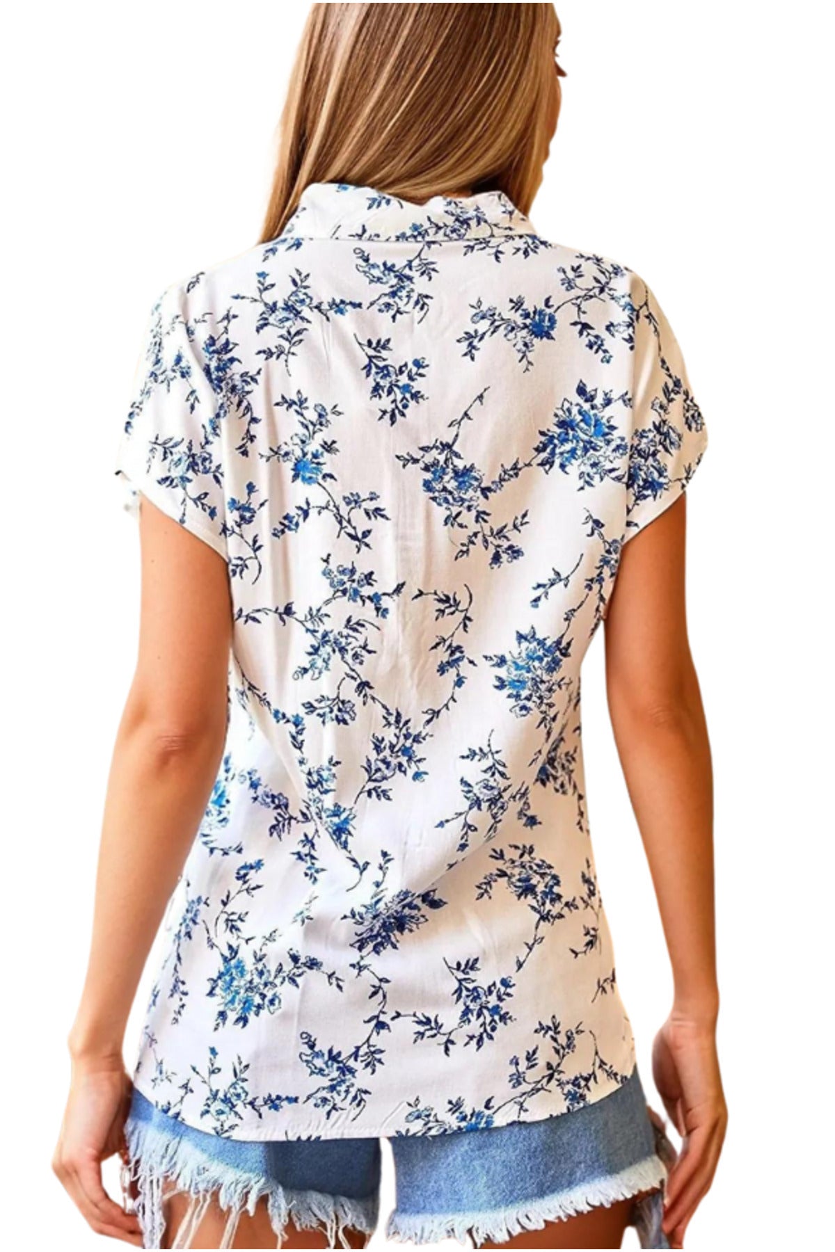 Charlotte Women's Short Sleeve Batwing Shirt - Mini Blue Floral