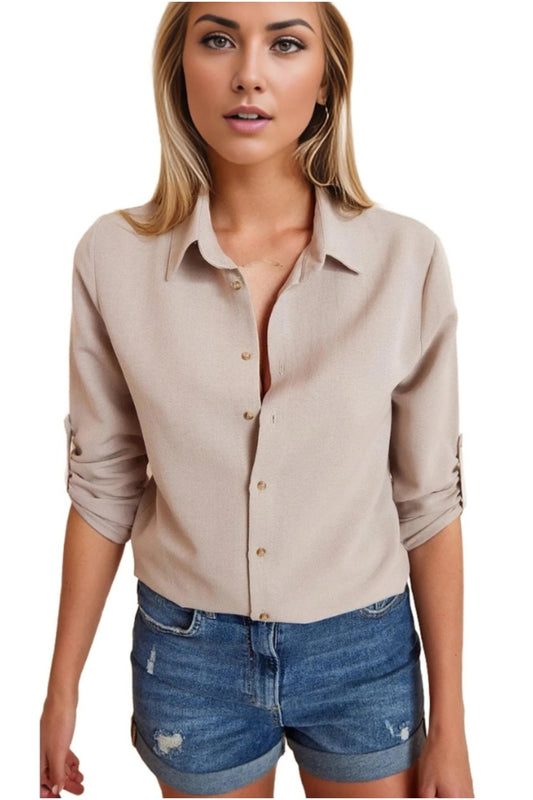 Gabrielle Women's Linen Blend Pineapple Print Roll-Sleeve Shirt - Beige