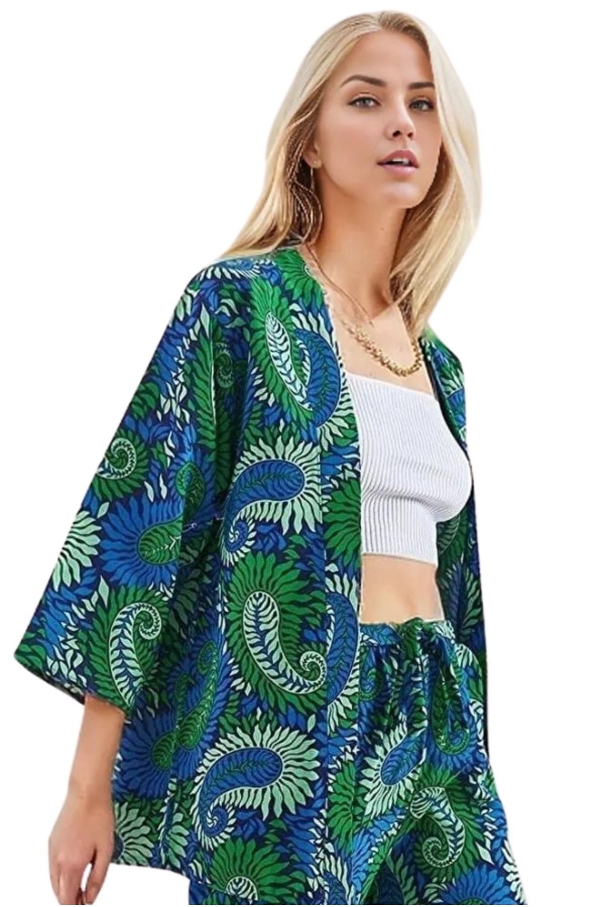 Catherine Women's Relaxed Fit Kimono - Green Paisley Print