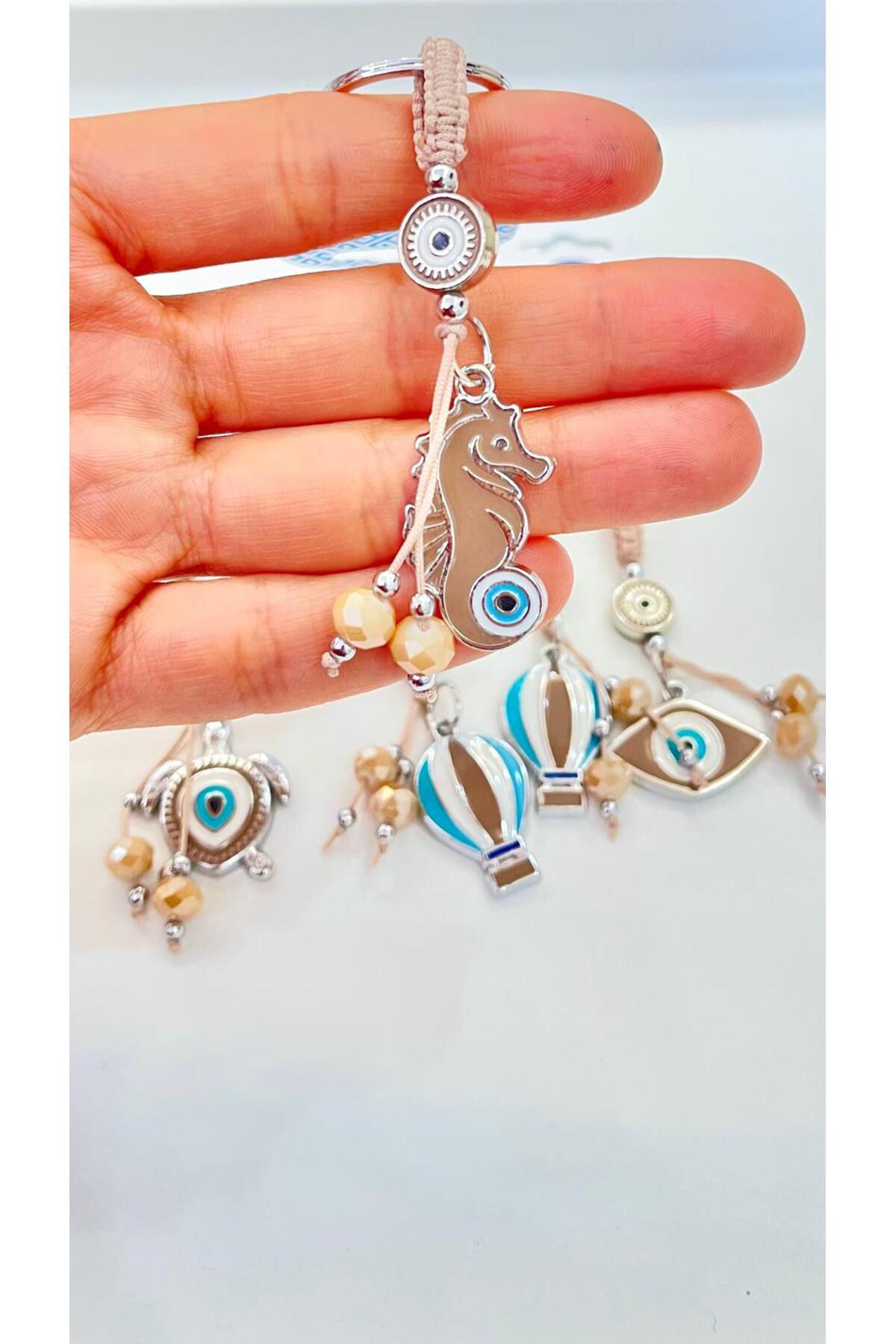 Abigail Silver-Plated Evil Eye Keychain - Beige Seahorse