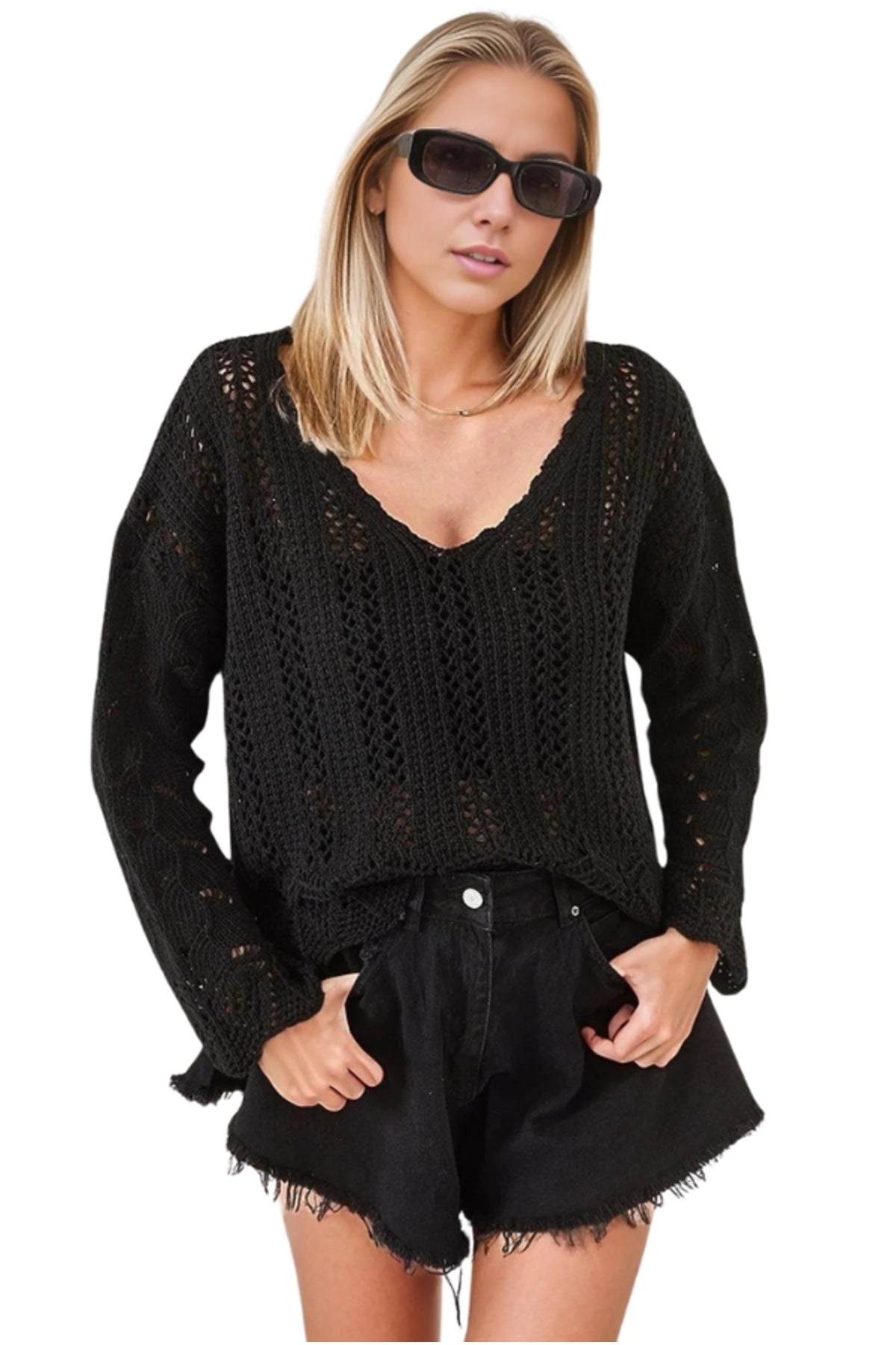 Helena Women's Openwork Knit Blouse - Black