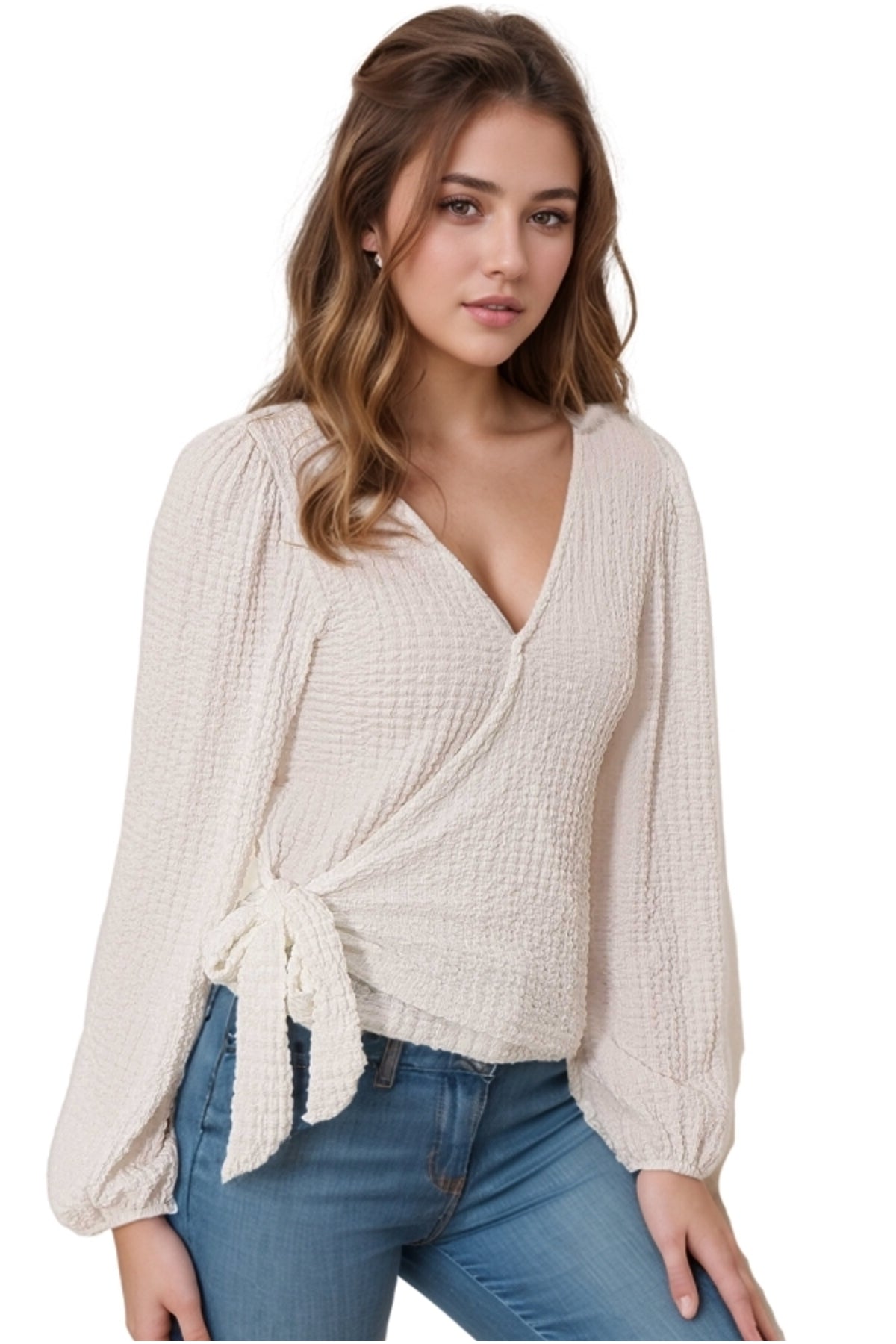 Faith Women's Belted Wrap Neck Knit Blouse - Ecru