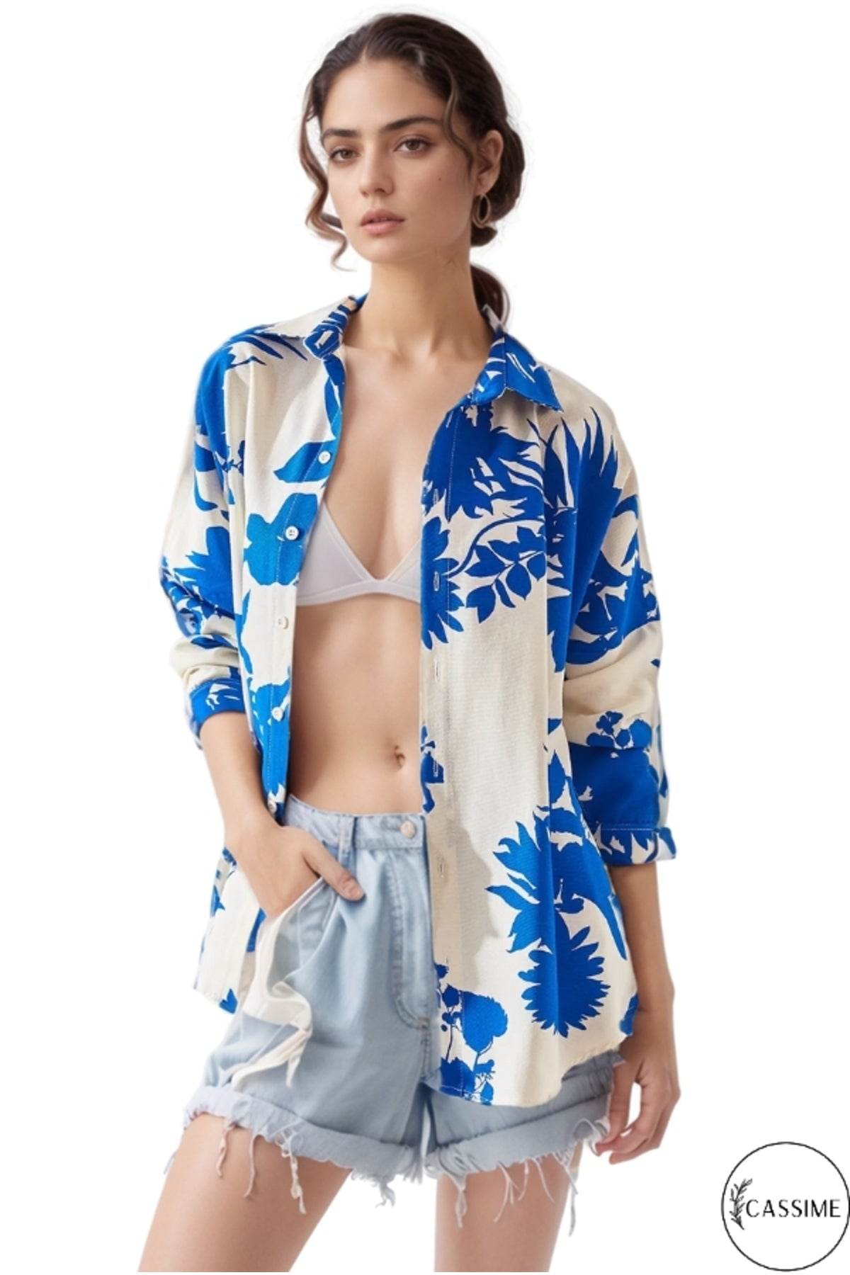 Emilia Women's Linen-Viscose Blend Oversized Printed Shirt - Blue Leaf Floral