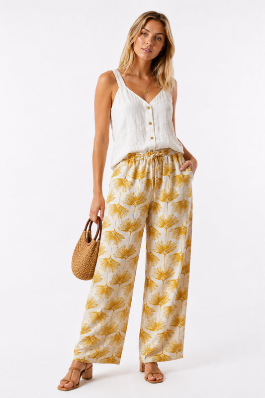 Lucy Women's Linen-Viscose Blend Wide Leg Palazzo Pants - Yellow Ginkgo