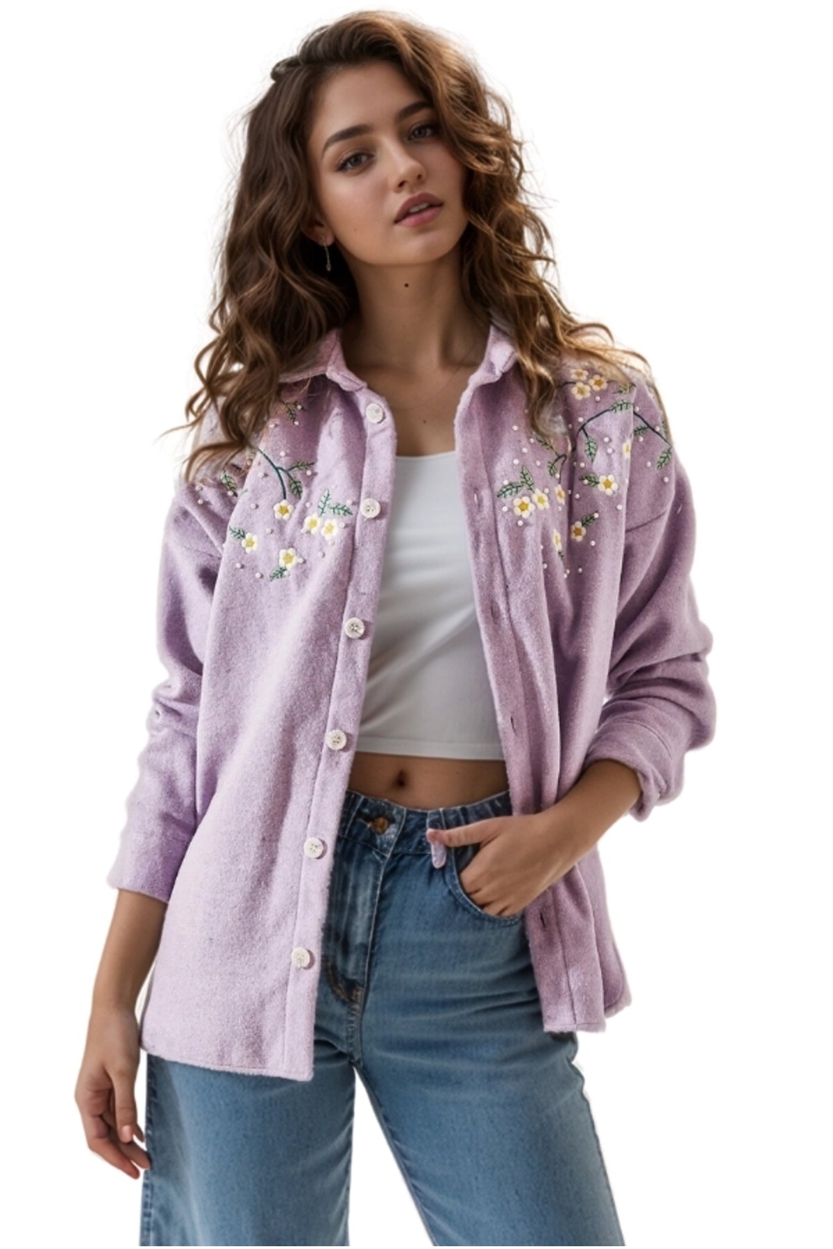 Lydia Women's Daisy Embroidered Shacket - Lilac