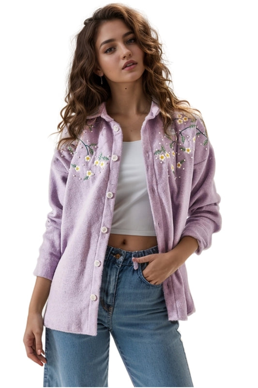 Lydia Women's Daisy Embroidered Shacket - Lilac