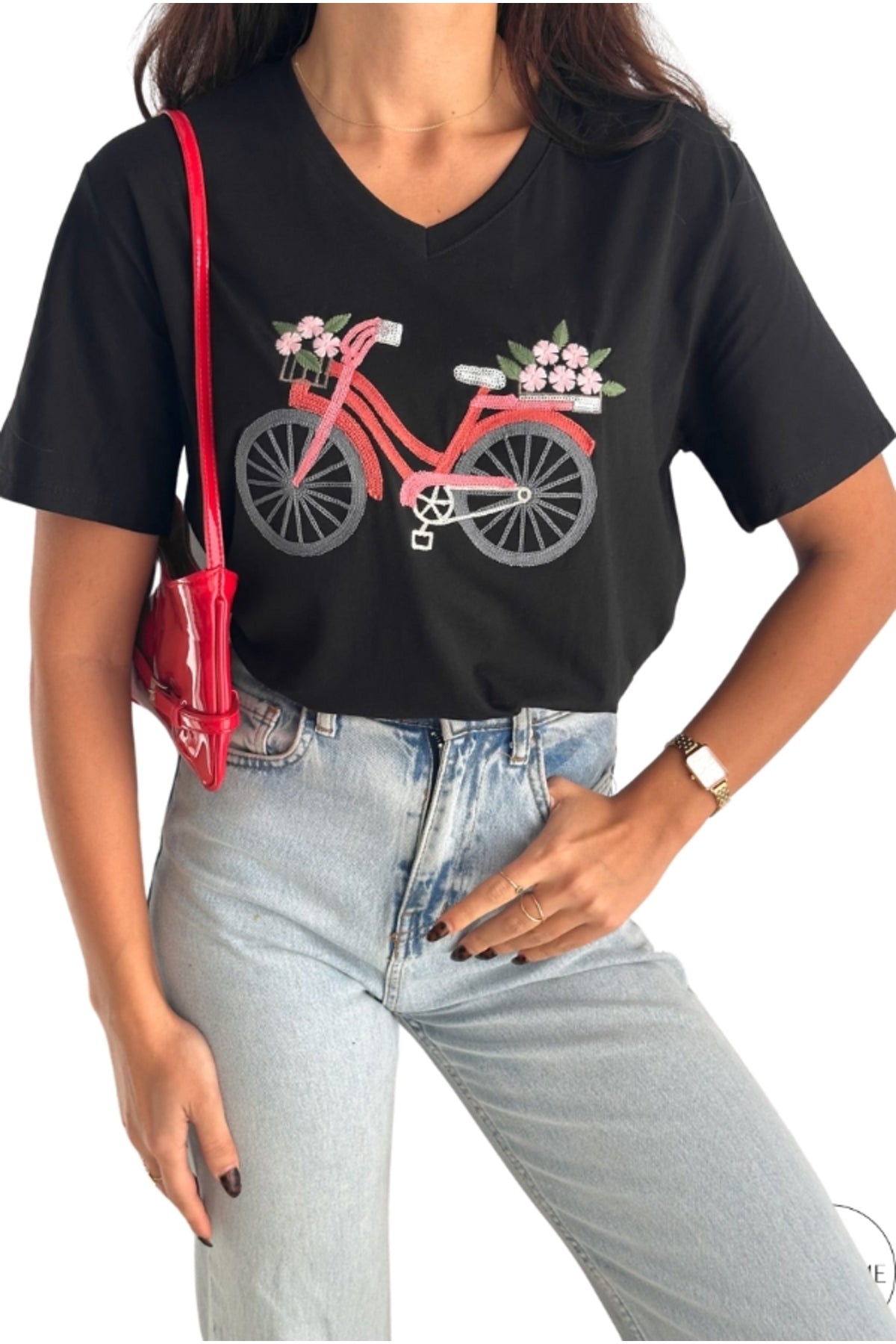Nora Women's Cotton Plus Size Graphic T-Shirt - Black Bicycle Print