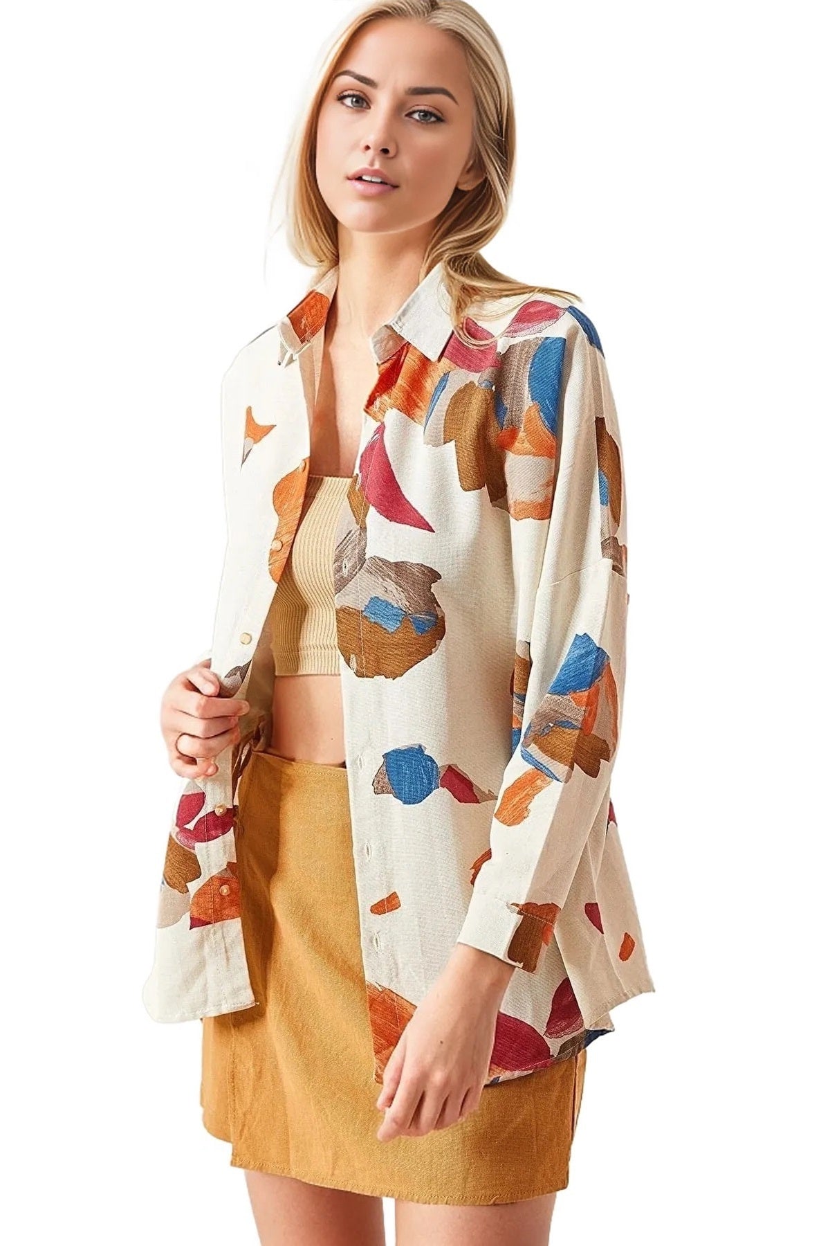 Emilia Women's Linen Oversized Printed Shirt - Watercolor Print