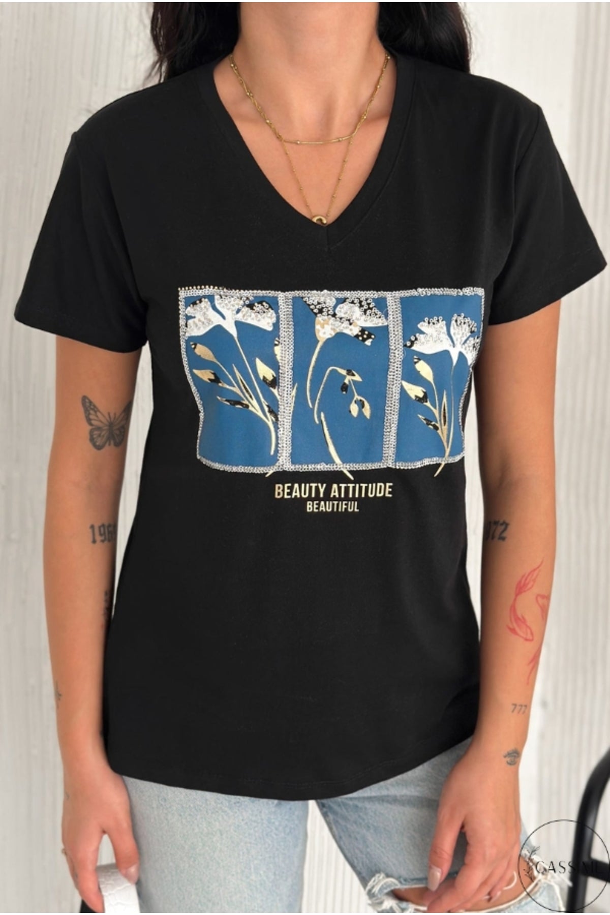 Olivia Women's Cotton Plus Size Embellished V-Neck T-Shirt - Black and Blue Floral