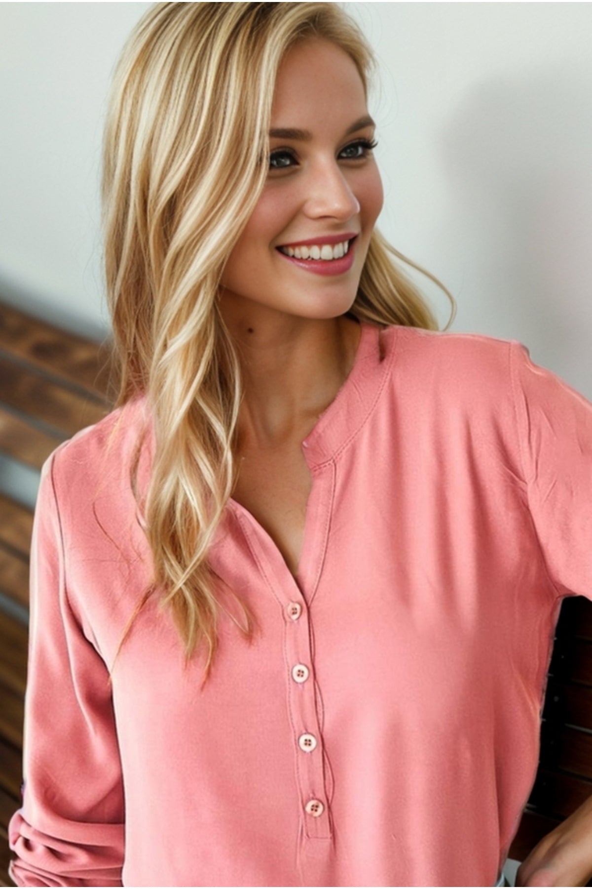 Cora Women's Viscose Mandarin Collar Roll-Sleeve Blouse - Dusty Rose