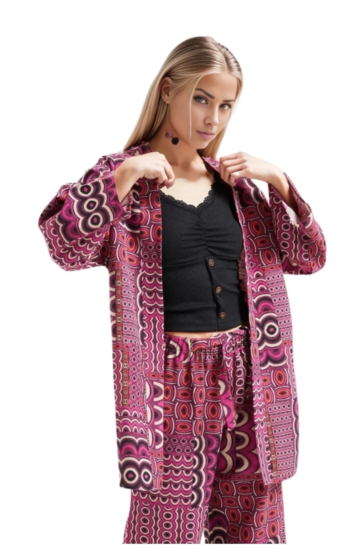 Catherine Women's Linen-Viscose Blend Relaxed Fit Kimono - Purple Geometric Print