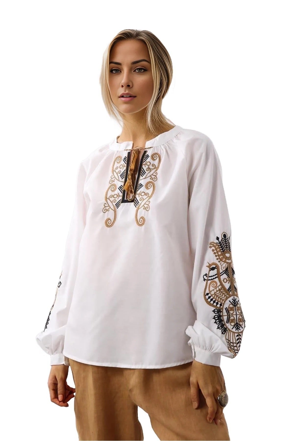 Nicole Women's Cotton Embroidered Long Sleeve Blouse - White with Gold Embroidery