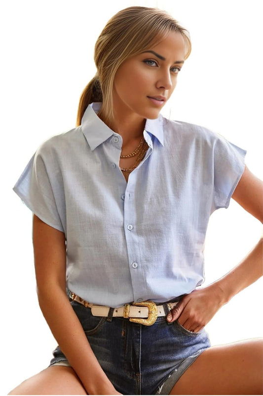Elizabeth Women's Linen-Viscose Blend Short Sleeve Batwing Shirt - Light Blue