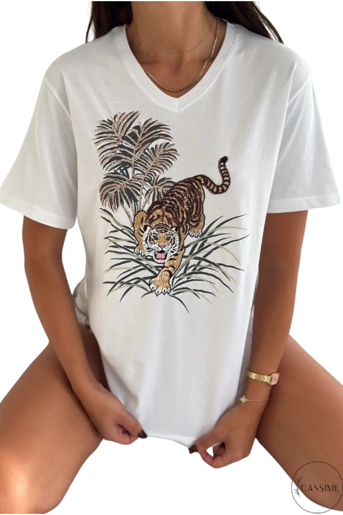 Sophie Women's Cotton Embellished V-Neck T-Shirt - White Leopard Print