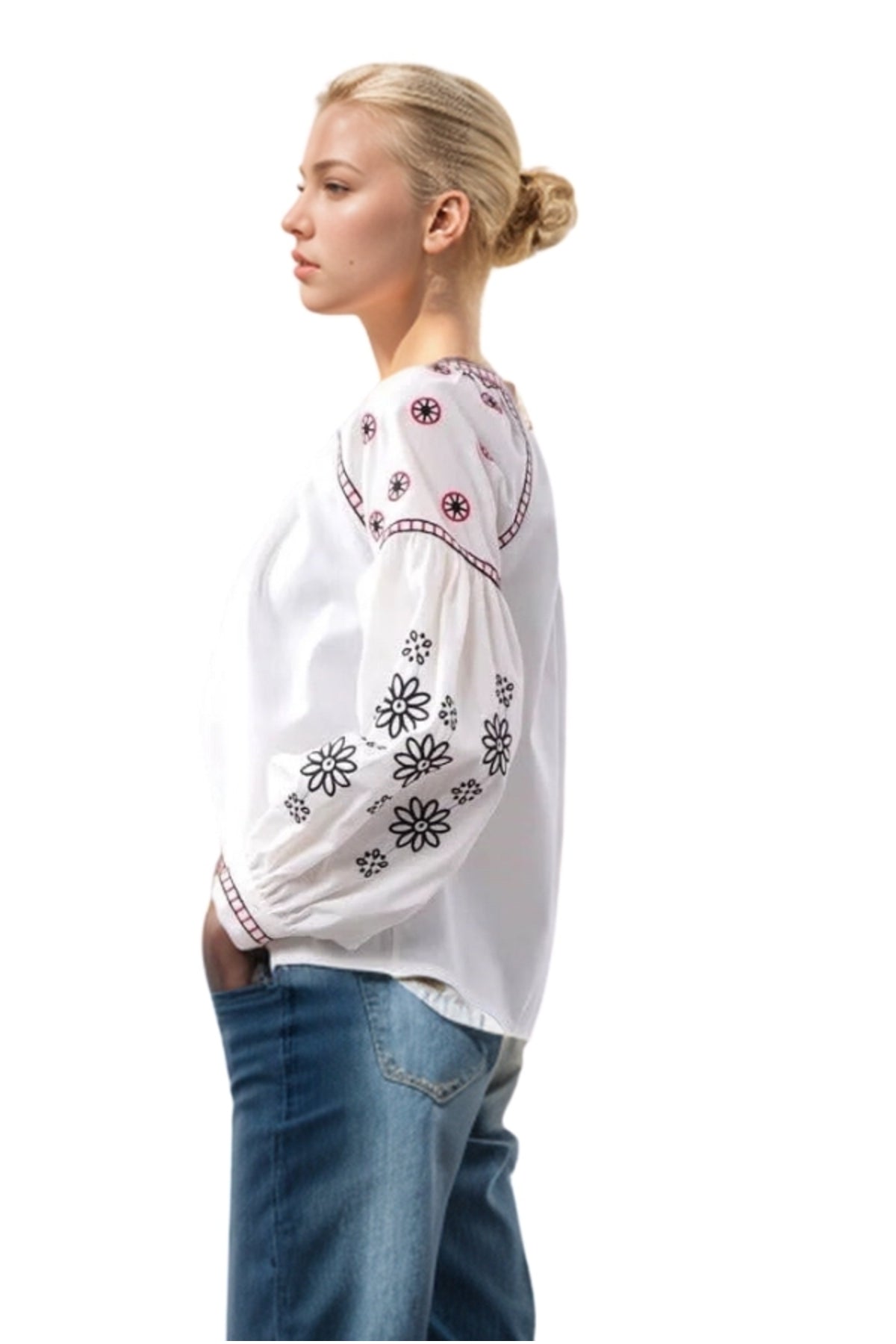 Rachel Women's Floral Embroidered Tassel Jacket - White with Pink Embroidery
