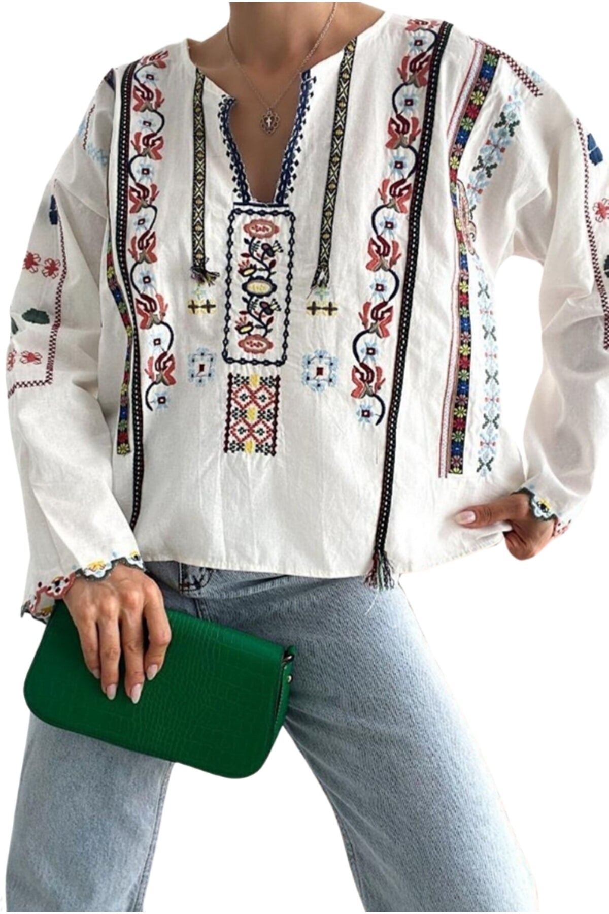 Alexis Women's Cotton-Linen Blend Vintage Inspired Embroidered Blouse - White