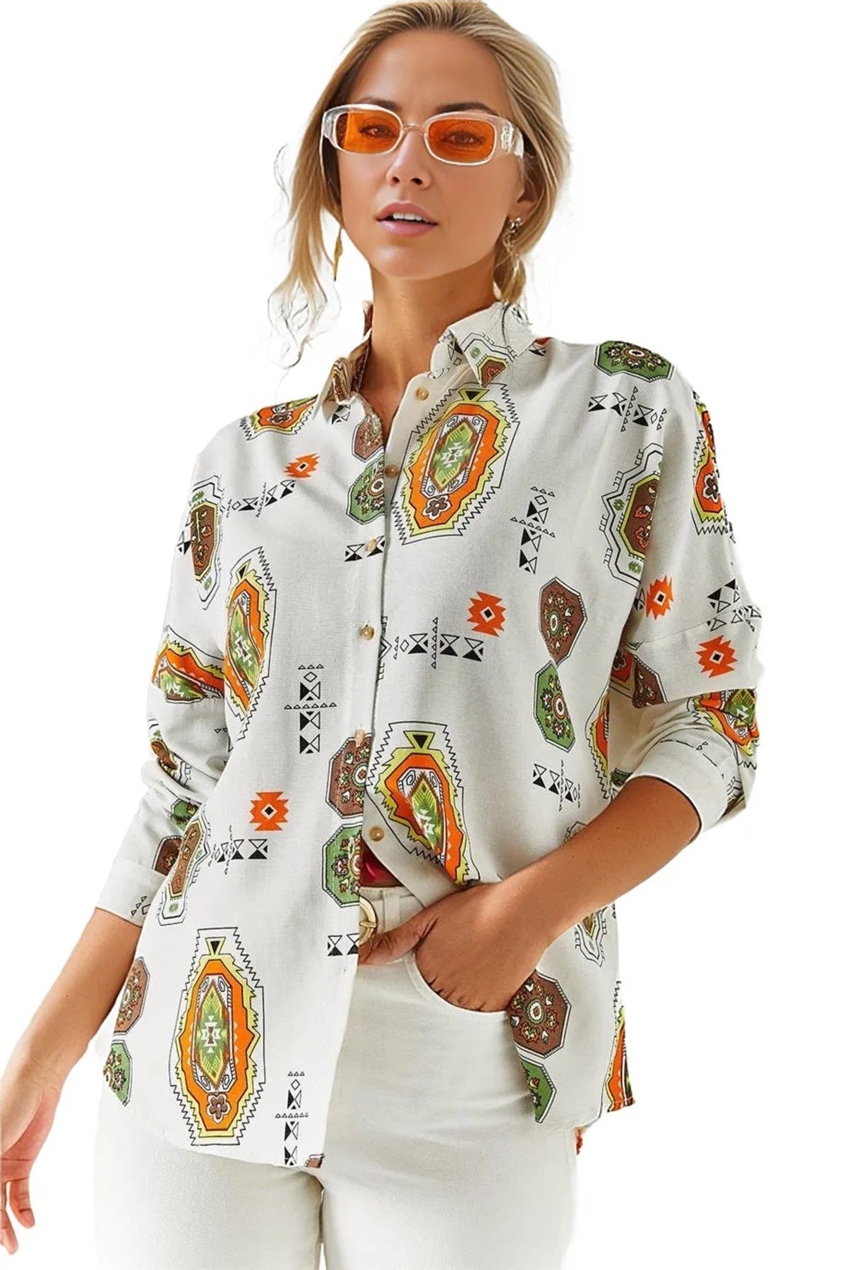 Emilia Women's Linen-Viscose Blend Oversized Printed Shirt - Brown Boho Print