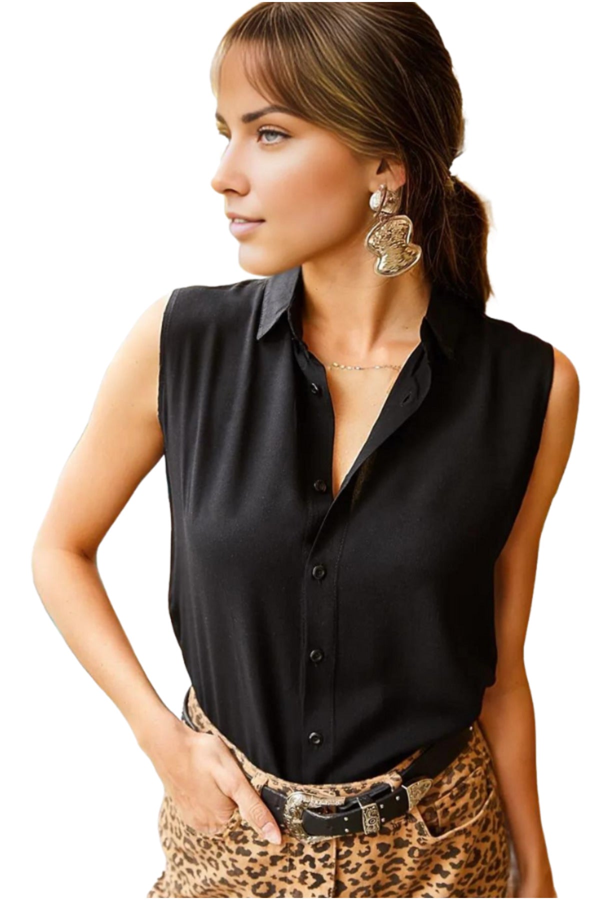 Daisy Women's Viscose Sleeveless Button-Up Shirt - Solid Black