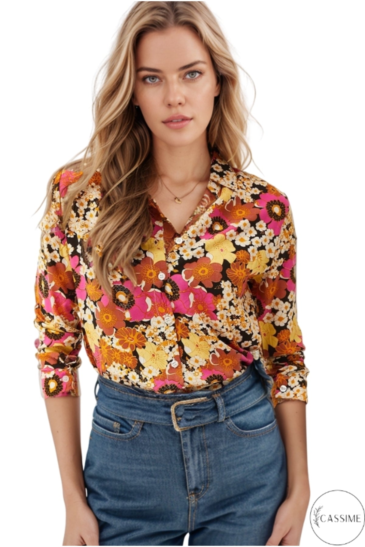 Amelia Women's Viscose Long Sleeve Button-Up Shirt - Multicolor Floral