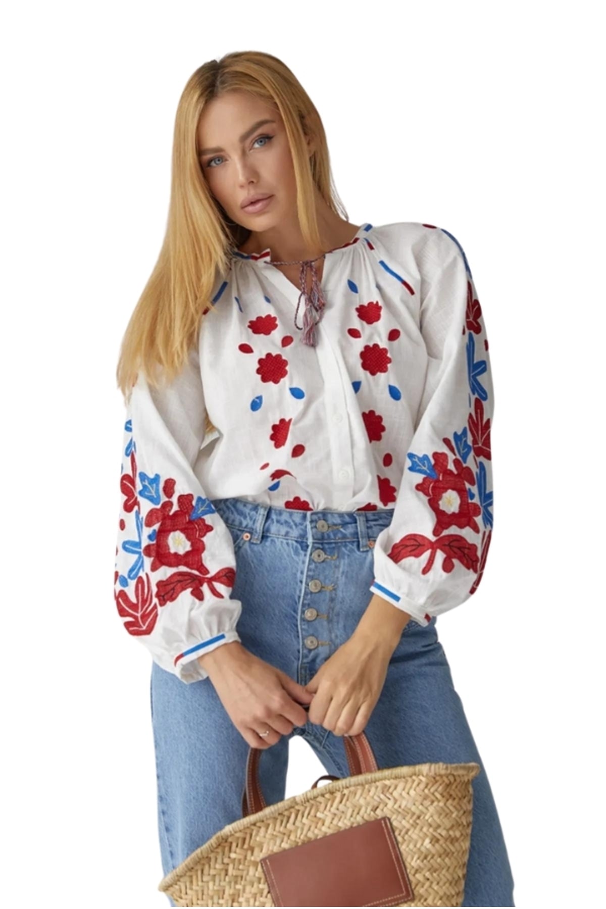 Sylvia Women's Cotton Floral Embroidered Blouse - White with Red and Blue Floral Embroidery