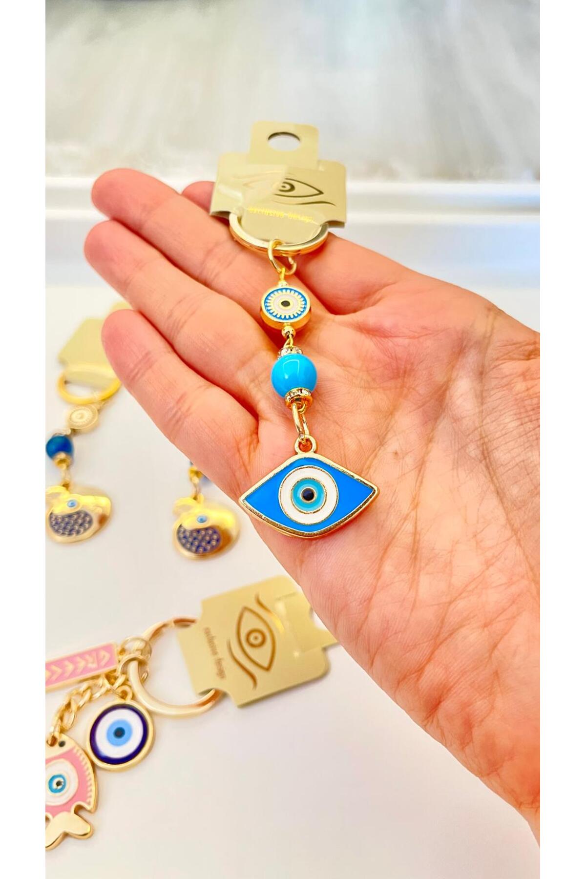 Hannah Gold-Plated Bodrum Bead Keychain - Blue Oval Evil Eye