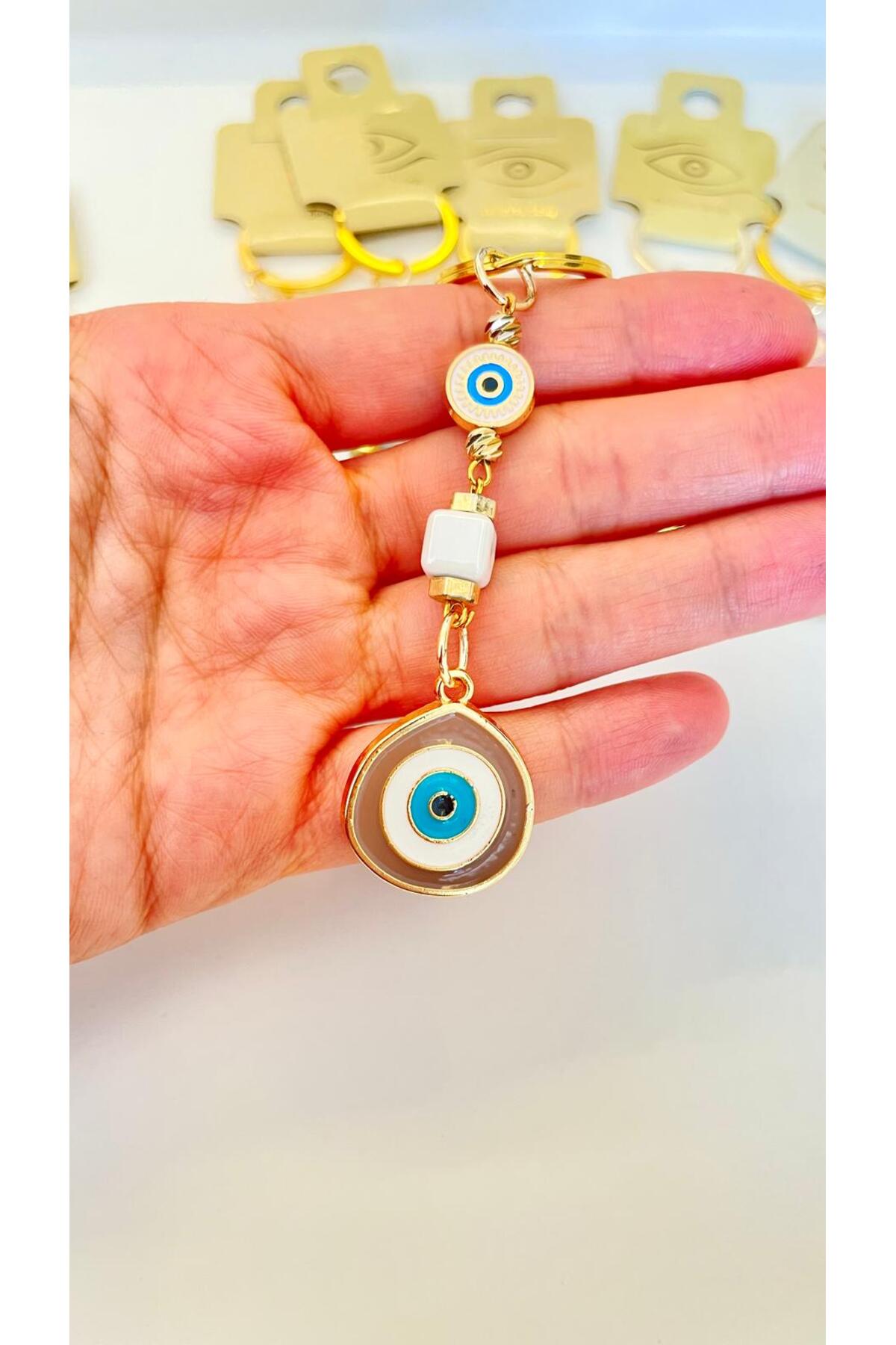 Hannah Gold-Plated Bodrum Bead Keychain - Beige Teardrop