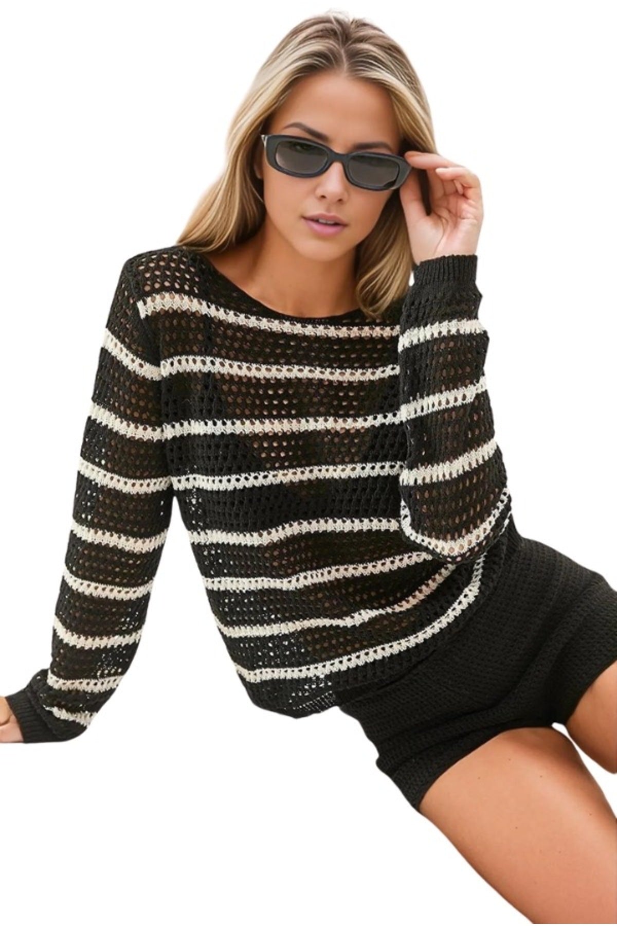Alexandra Women's Striped Boat Neck Openwork Sweater - Black and White