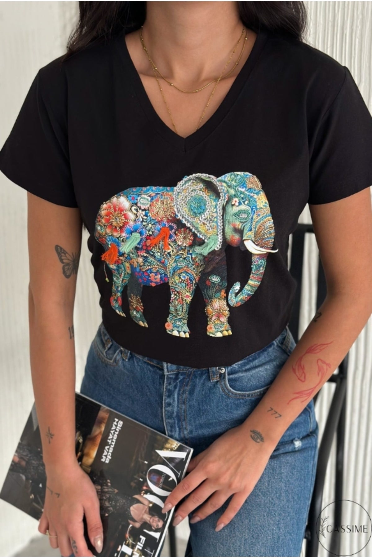 Olivia Women's Cotton Plus Size Embellished V-Neck T-Shirt - Black with Multicolor Elephant Sequins