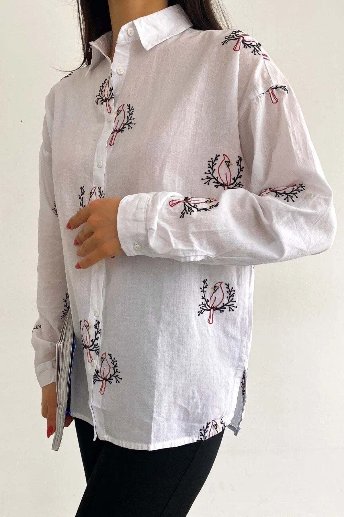 Camille Women's Cotton Bird Embroidered Shirt - Bird Embroidery