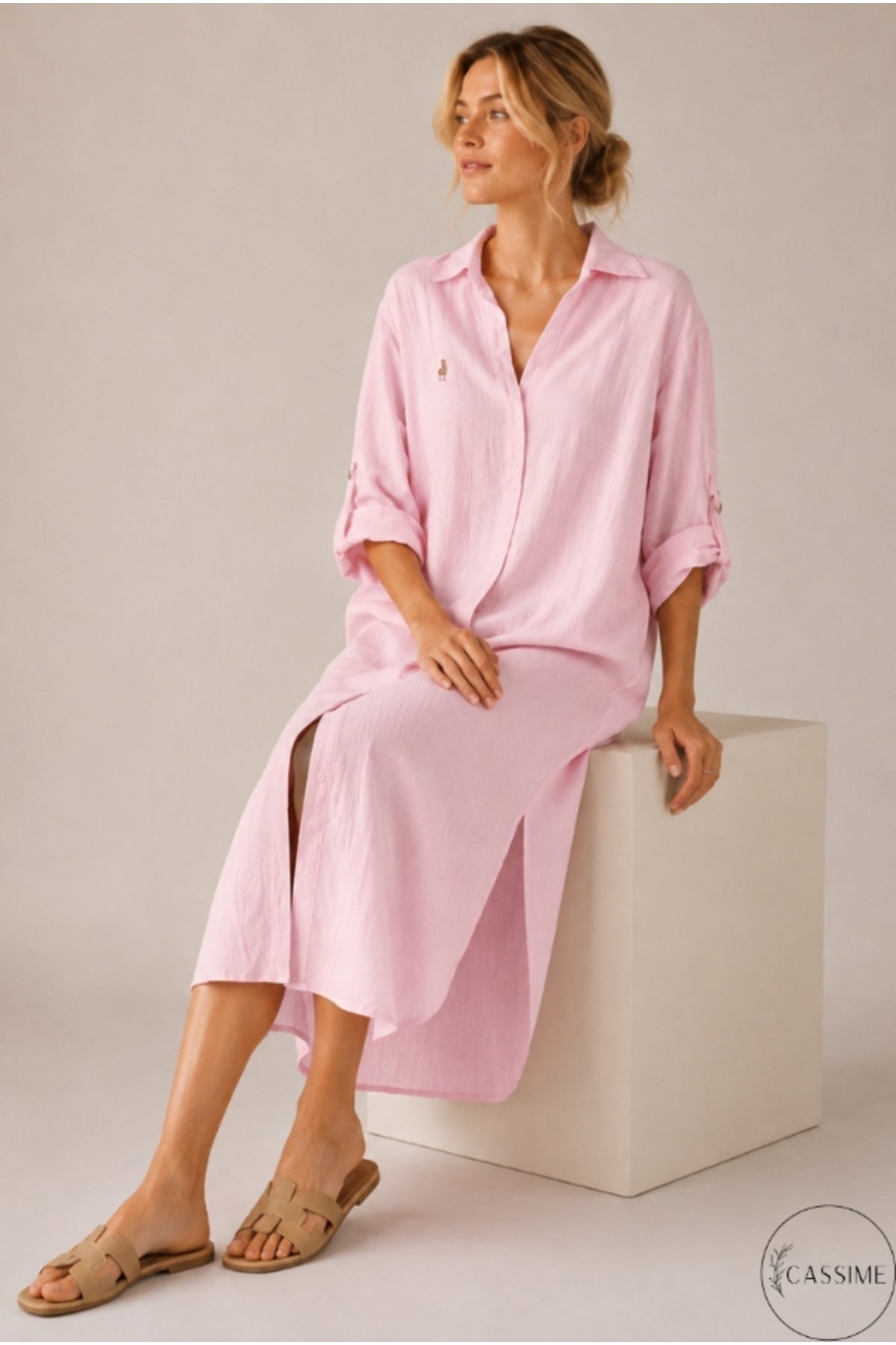 Hazel Women's Oversized Muslin Shirt Dress - Baby Pink Muslin
