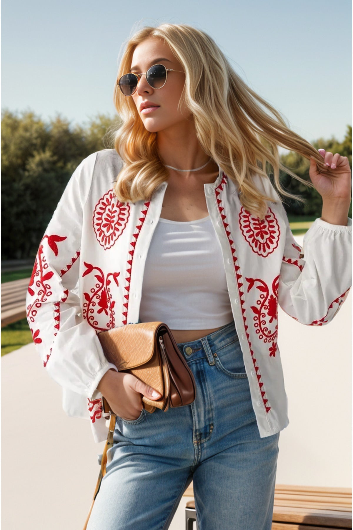 Nina Women's Cotton Embroidered Button-Up Shirt Jacket - Red Embroidered