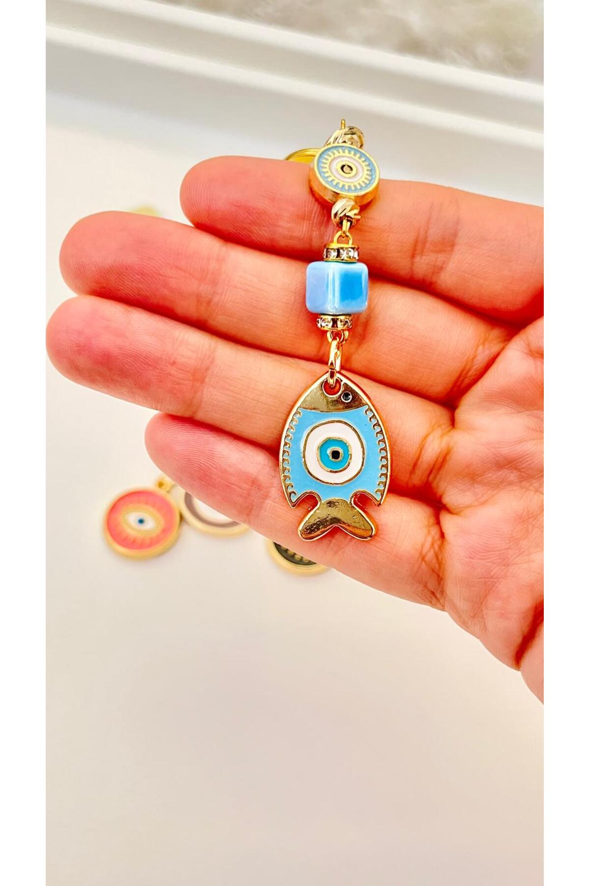 Hannah Gold-Plated Bodrum Bead Keychain - Blue Fish