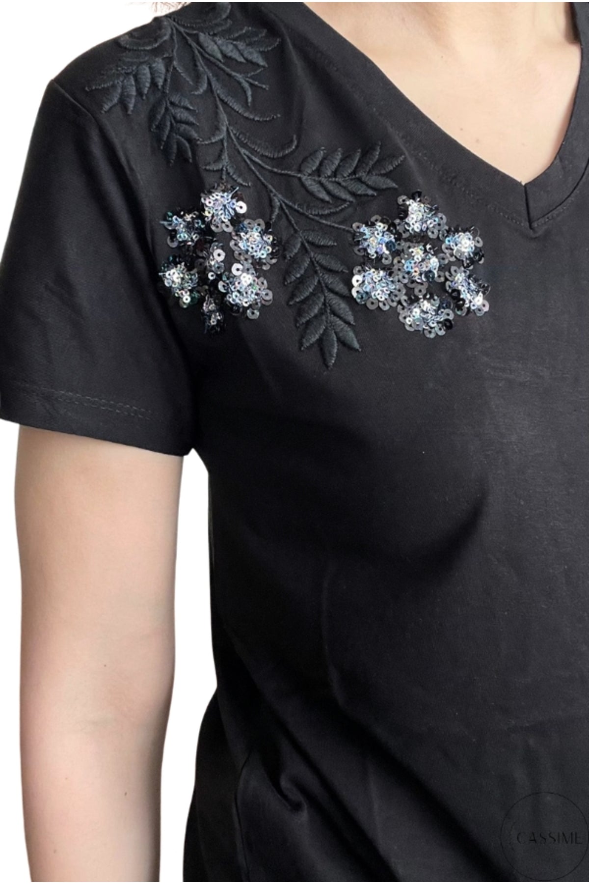 Emma Women's Cotton Embellished T-Shirt - Black with Floral Shoulder Sequins