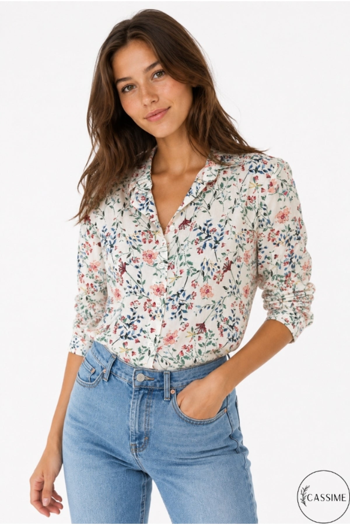 Amelia Women's Viscose Long Sleeve Button-Up Shirt - Mini Pink Floral